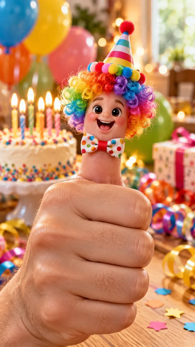 Birthday Thumbwig dressed for a celebration