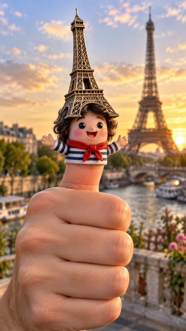 Smiling Eiffel Tower Thumbwig with a striped shirt and red scarf in Paris