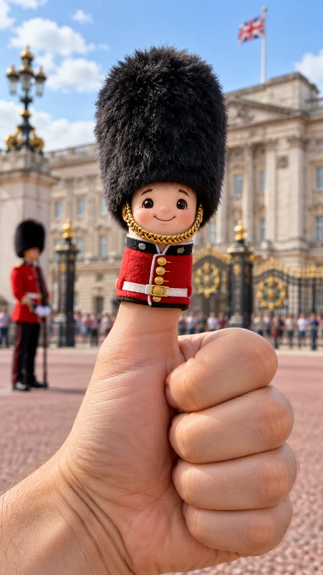 King's Guard Thumbwig with a tall black hat and red uniform