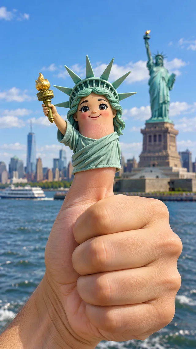 Lady Liberty Thumbwig with a green crown in New York