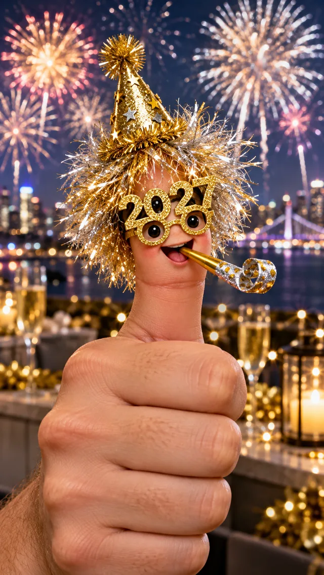 Glitter-haired New Year Thumbwig celebrating 2027
