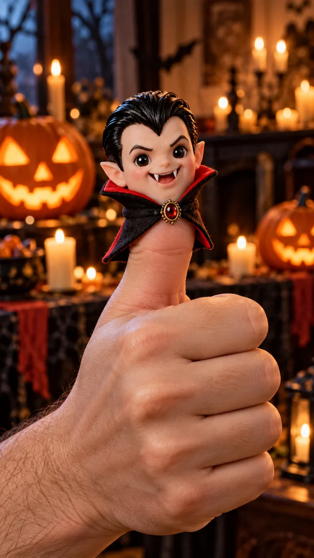 Mischievous vampire Thumbwig with a cape and tiny fangs